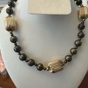 Pyrite stone  Gold and Black Beaded Necklace with Fluted gold stations